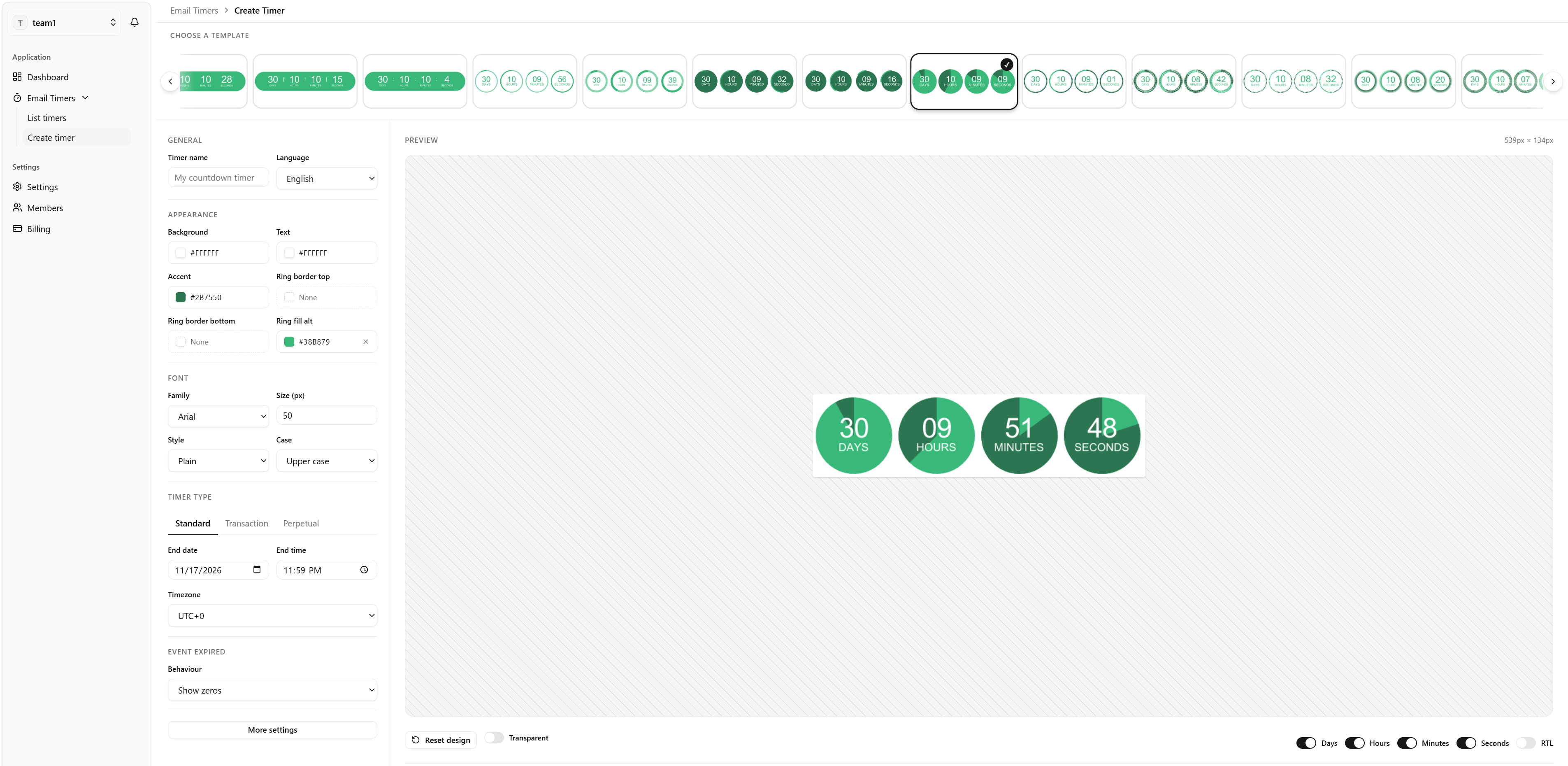 Timer-Editor im hellen Design mit Vorlagen, Gestaltungseinstellungen und einer Countdown-Vorschau